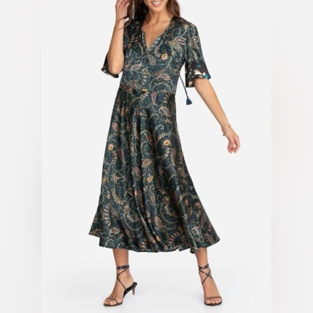 Johnny Was Workshop Twilight Paisley Silk Midi Dress Tassel Flutter Sleeve M